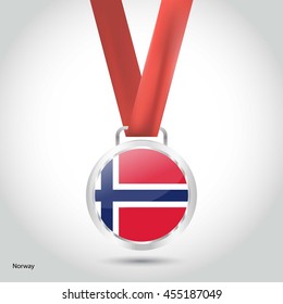 Norway Flag in Silver Medal. Vector Illustration. RIO Olympic Game silver Medal. Vector Illustration