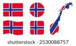 Norway flag symbols set. Blue cross on red background . Round, square, waving rectangle and Norwegian map shape vector banner. Oslo symbol. Scandinavia icon.