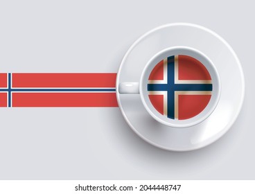 Norway flag with a tasty coffee cup on top view and a gradient background. Hot beverage with Norway flag, vector illustration. 
