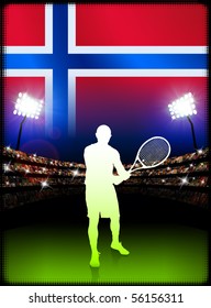Norway Flag and Tennis Player on Stadium Background Original Illustration