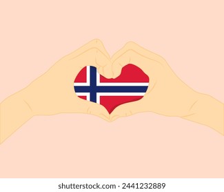 Norway flag with two hands heart shape, express love or affection concept, support or donate to Norway, hand heart love sign, vector design, patriotism and nationalism idea