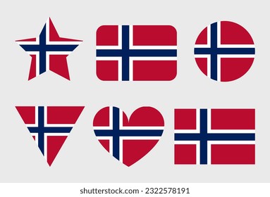 Norway flag vector icons set in the shape of heart, star, circle and map
