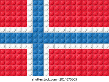 Norway flag vector pattern from blue, red and white small fun block brick , Building bricks toy for square wallpaper, wall, backdrop, background. vector illustration