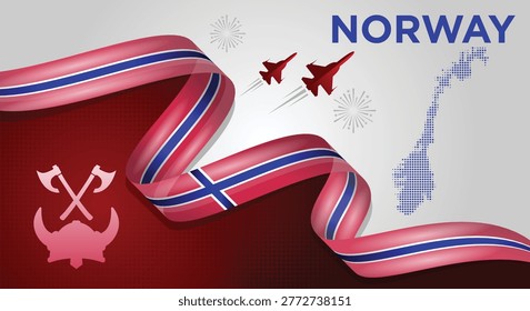 Norway Flag Wave Background with Map and Ribbon Style Vector Illustration