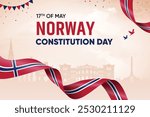 Norway Flag Waving On Skyline Background. Constitution Day Concept Design Vector Illustration.