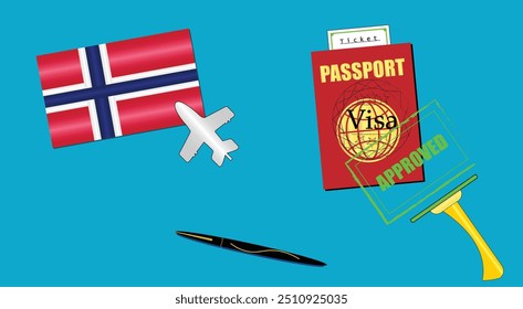 Norway flag with white plane icon. Passport with visa approved stamp. Black stylish Pen. Norway Travel poster. Editable vector EPS available