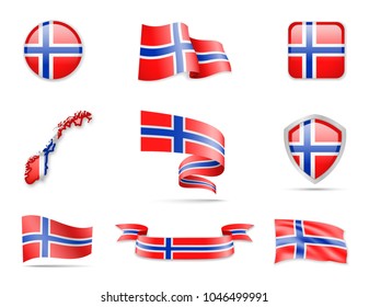 Norway Flags Collection. Flags and contour map. Vector illustration