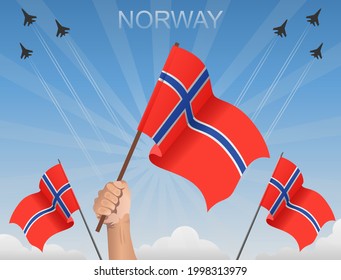Norway flags flying under the blue sky langit