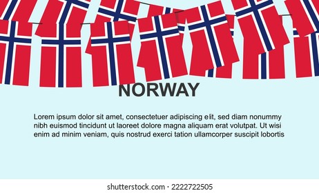 Banderas de Noruega colgando de una cuerda, concepto de celebración y saludo, muchas banderas de Noruega con espacio de texto, pancarta y idea de afiche, material de decoración, día de la independencia