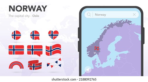 Norway flags set. Mobile map application, Smartphone search. Map and capital city. World ribbon flags. Vector set. Collection of national symbols. Bubble speech, circle, heart, rainbow icons. Oslo