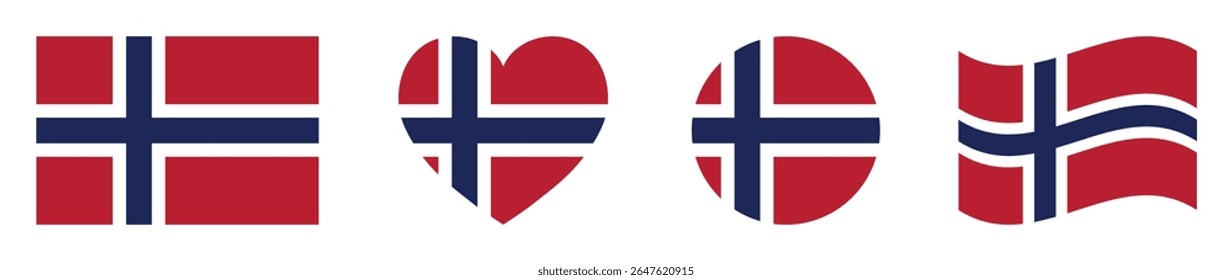 Bandeiras da Noruega definidas em quadrado, coração, círculo e ondulação formatos projeta elemento. Coleção de bandeiras da Noruega. Conjunto de ícones de bandeiras da Noruega isolados no fundo branco. Ilustração vetorial.