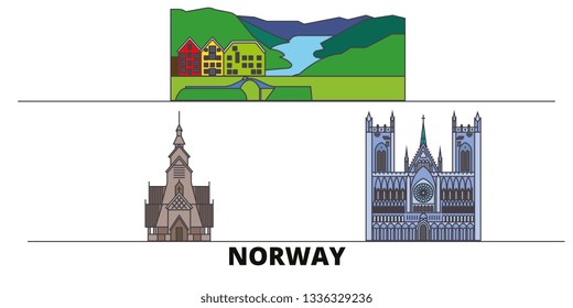 Norway flat landmarks vector illustration. Norway line city with famous travel sights, skyline, design. 