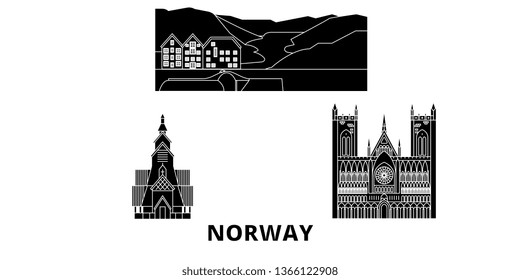 Norway flat travel skyline set. Norway black city vector illustration, symbol, travel sights, landmarks.