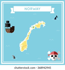 Norway flat treasure map. Colorful cartoon treasure map of Norway with flat icons of pirate ship, jolly roger, treasure chest and banner ribbon. Flat design vector illustration.