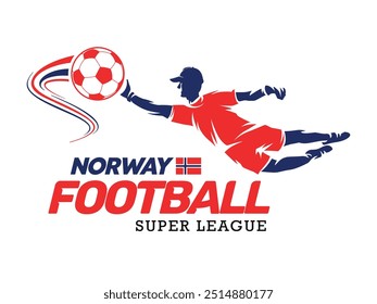 Liga de fútbol de Noruega, balón de fútbol, logotipo de fútbol, salto de futbolista aislado sobre fondo blanco, Ilustración vectorial