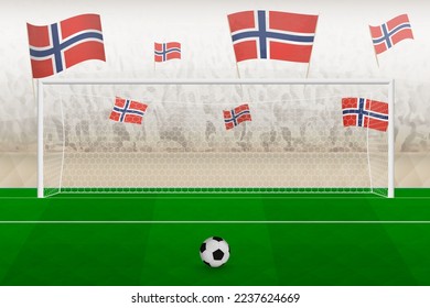 Norway football team fans with flags of Norway cheering on stadium, penalty kick concept in a soccer match. Sports vector illustration.