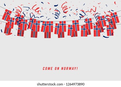 Bandera de la guirnalda con confeti en fondo gris, banner de la plantilla de celebración de Hang bunting para Noruega.