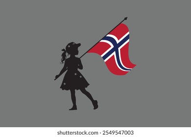 Menina da Noruega com bandeira, Bandeira da Noruega símbolo nacional ilustração Vetor, Retângulo Noruega bandeira ilustração, Vetor plano ilustração
