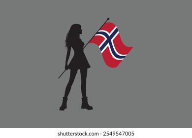 Menina da Noruega com bandeira, Bandeira da Noruega símbolo nacional ilustração Vetor, Retângulo Noruega bandeira ilustração, Vetor plano ilustração
