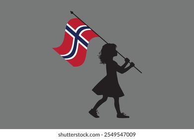 Menina da Noruega com bandeira, Bandeira da Noruega símbolo nacional ilustração Vetor, Retângulo Noruega bandeira ilustração, Vetor plano ilustração
