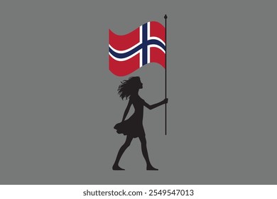 Menina da Noruega com bandeira, Bandeira da Noruega símbolo nacional ilustração Vetor, Retângulo Noruega bandeira ilustração, Vetor plano ilustração
