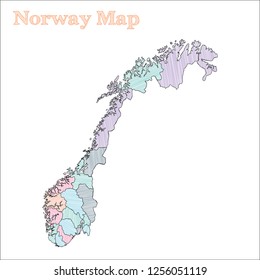 Norway hand-drawn map. Colourful sketchy country outline. Unique Norway map with provinces. Vector illustration.