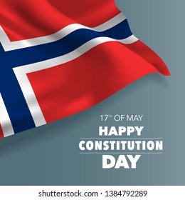 Norway happy constitution day greeting card, banner vector illustration. Norwegian holiday 17th of May design element with flag with curves 