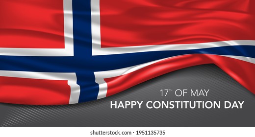 Tarjeta de felicitación del día de la constitución de Noruega, banner con ilustración del vector de texto de plantilla. Fiesta conmemorativa noruega 17 de mayo elemento de diseño con bandera 3D con cruz