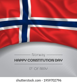 Norway happy constitution day greeting card, banner vector illustration. Norwegian national holiday 17th of May square design element with waving flag