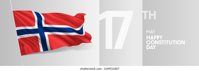 Norway happy constitution day greeting card, banner vector illustration. Norwegian national holiday 17th of May design element with 3D waving flag on flagpole