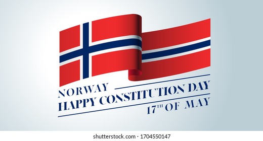 Norway happy constitution day vector banner, greeting card. Norwegian wavy flag in nonstandard composition for 17th of May national holiday