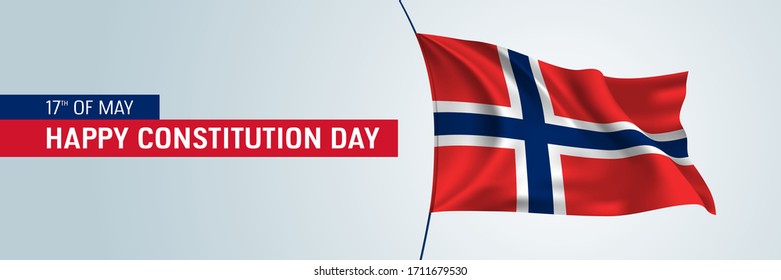 Norway happy constitution day vector banner, horizontal greeting card. Norwegian wavy flag mockup and text for 17th of May national holiday