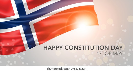 Norway happy constitution day vector banner, greeting card. Norwegian realistic wavy flag in 17th of May national patriotic holiday horizontal design