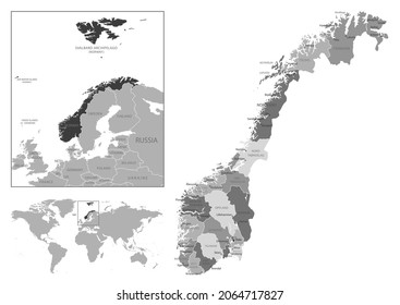 Norway - highly detailed black and white map. Vector illustration