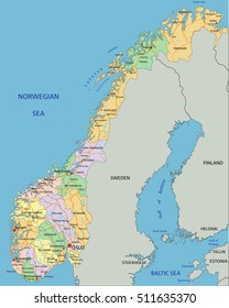 Norway - Highly detailed editable political map with labeling.