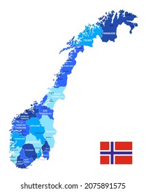 Norway highly detailed map. Vector blue illustration with borders, cities and national flag