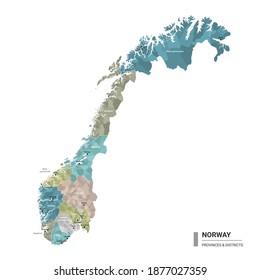 Norway higt detailed map with subdivisions. Administrative map of Norway with districts and cities name, colored by states and administrative districts. Vector illustration.