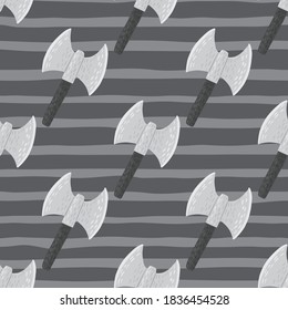 Norwegische Geschichte nahtloses Muster mit viking hatchet doodle silhouettes. Alte Rüstungsdekoration und gestreifter Hintergrund in Grautönen. Für Stoffdesign, Textilien, Umhüllung, Abdeckung. Vektorgrafik