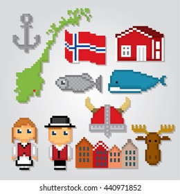 Norway icons set. Pixel art. Old school computer graphic style. Games elements.
