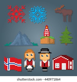 Norway icons set. Pixel art. Old school computer graphic style. Games elements.