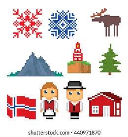 Norway icons set. Pixel art. Old school computer graphic style. Games elements.