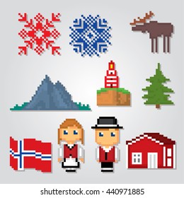 Norway icons set. Pixel art. Old school computer graphic style. Games elements.
