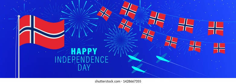 May 17 Norway Independence Day Greeting Card. Celebration Background With Fireworks, Flags, Flagpole And Text.