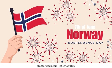 Norway Independence Day poster banner background. Fireworks and hand carrying flag. Happy Independence Day Vector Illustration. Norwegian Flag. 7th of June.
