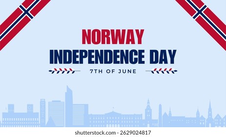 Norway Independence Day poster banner background. Flat flag and city silhouette. Happy Independence Day Vector Illustration. Norwegian Flag. 7th of June.