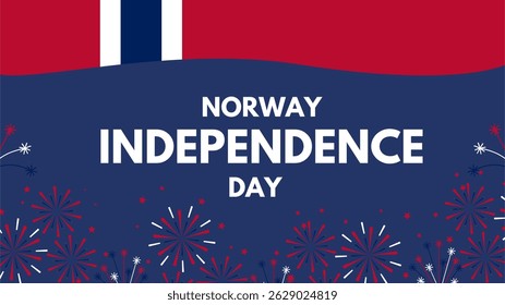 Norway Independence Day poster banner background. Flat flag and fireworks. Happy Independence Day Vector Illustration. Norwegian Flag. 7th of June.