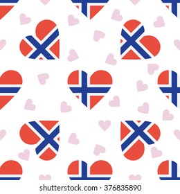 Norway independence day seamless pattern. Patriotic country flag background. Norway flag in the shape of heart. Vector seamless pattern.