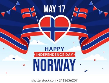 Norway Independence Day Vector Illustration on May 17 with Flag of Norwegian and Ribbon in National Holiday Celebration Flat Cartoon Background