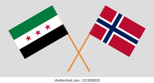 Norway and Interim Government Syria. The Norwegian and Syrian opposition flags. Official proportion. Correct colors. Vector illustration