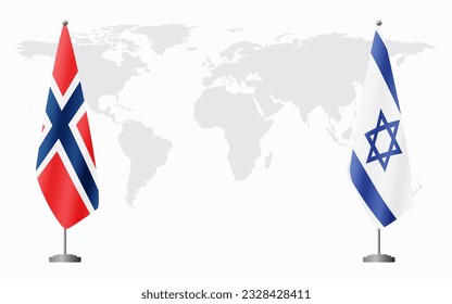 Banderas de Noruega e Israel para una reunión oficial en el fondo del mapa mundial.